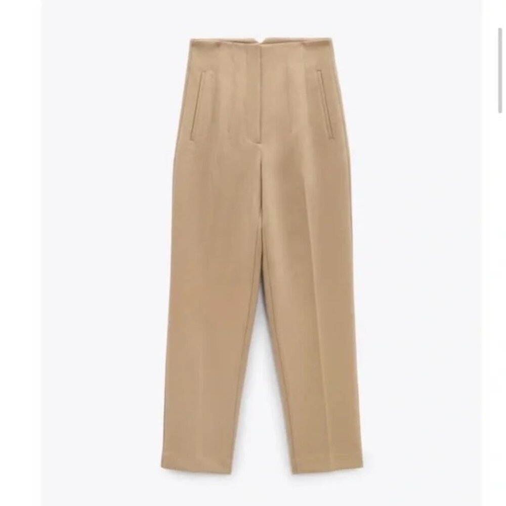 ZARA Camel Tan M High Waisted Tailored Trousers Side Pockets - Picture 12 of 14